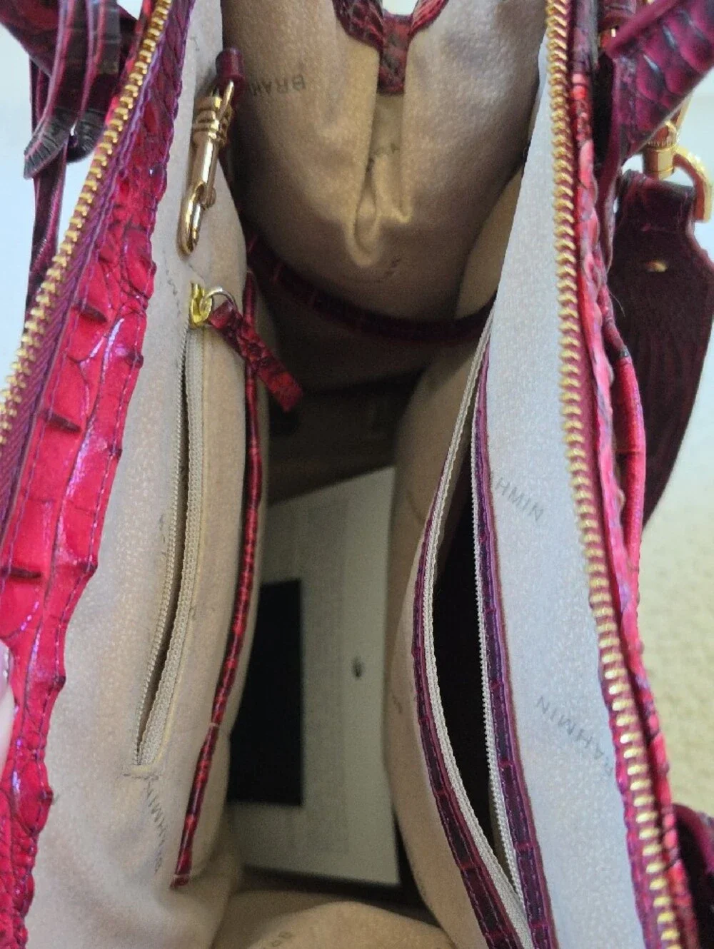 Brahmin Croc-Embossed Satchel in Burgundy Red with Gold Hardware